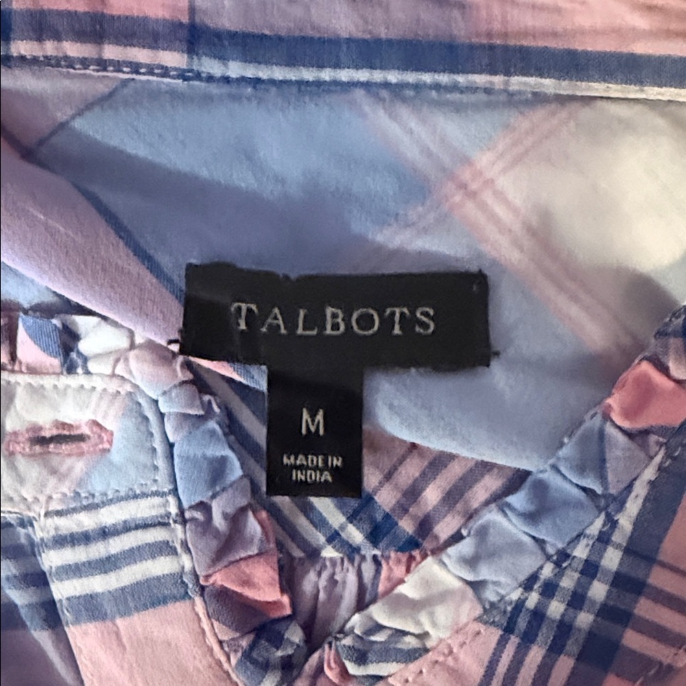 Talbots Blue & Pink Plaid Ruffle Trim Button-Up Shirt M EUC Preppy Classic Top - Picture 2 of 2